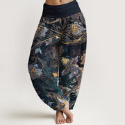 Foviel reine Baumwolle traumhaft Koi Fisch Pfingstrose Muster Damen elastische Taille Harem Hose