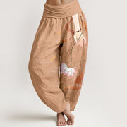 Foviel Pure Cotton Lotus Flower Flowing Ribbons Hand Wearing Prayer Beads Clouds Pattern Women's Elastic Waist Harem Pants
