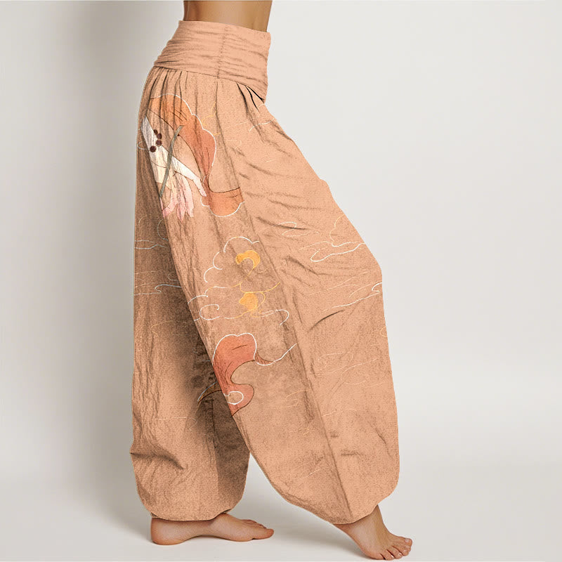 Buddha Stones Pure Cotton Lotus Flower Flowing Ribbons Hand Wearing Prayer Beads Clouds Pattern Women's Elastic Waist Harem Pants - image 2