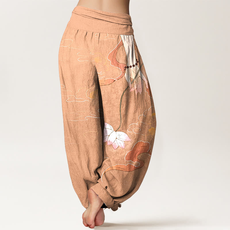 Buddha Stones Pure Cotton Lotus Flower Flowing Ribbons Hand Wearing Prayer Beads Clouds Pattern Women's Elastic Waist Harem Pants - image 1