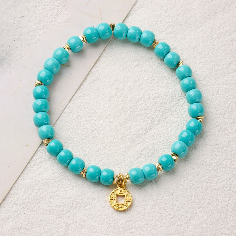 Buddha Stones Copper Coins Charm Imitation Turquoise Attract Wealth Bracelet - 5*6mm - image 0