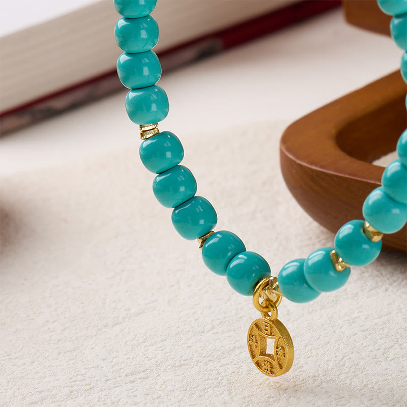 Buddha Stones Copper Coins Charm Imitation Turquoise Attract Wealth Bracelet - image 3