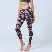 Foviel Watercolor Style Softly Colored Flower Leaf Pattern Print Gym Leggings Women's Yoga Pants