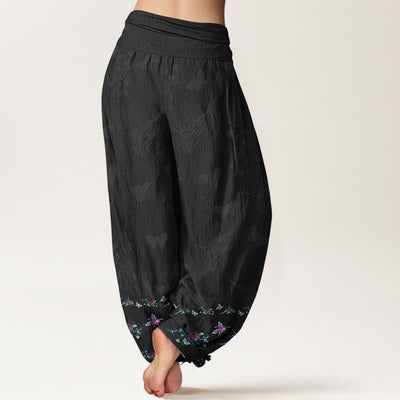 Buddha Stones Pure Cotton Trouser Legs Neatly Arranged Butterfly Grass Flower Pattern Women's Elastic Waist Harem Pants - image 1