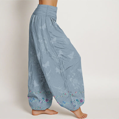 Buddha Stones Pure Cotton Trouser Legs Neatly Arranged Butterfly Grass Flower Pattern Women's Elastic Waist Harem Pants - image 7