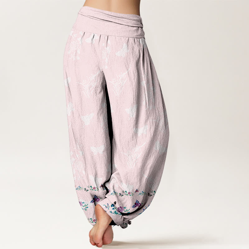 Buddha Stones Pure Cotton Trouser Legs Neatly Arranged Butterfly Grass Flower Pattern Women's Elastic Waist Harem Pants - image 9