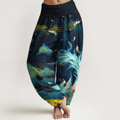 Buddha Stones Pure Cotton Gorgeous Phoenix Mountain Cloud Pattern Women's Elastic Waist Harem Pants - MidnightBlue - US16，UK/AU20，EU48 (3XL) - image 0