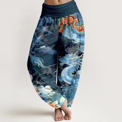 Buddha Stones Pure Cotton Gorgeous Dragon Cloud Rainbow Pattern Women's Elastic Waist Harem Pants - SteelBlue - US16，UK/AU20，EU48 (3XL) - image 0