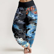 Foviel Pure Cotton Gorgeous Dragon Cloud Rainbow Pattern Women's Elastic Waist Harem Pants