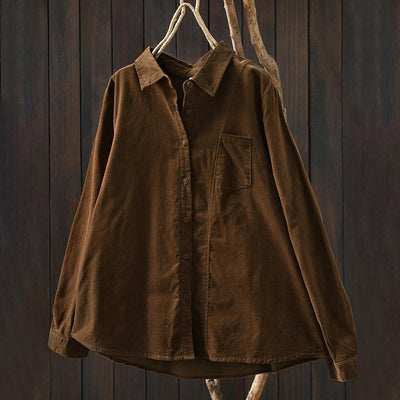 Buddha Stones Fall Solid Button Down Decorative Pocket Stand Collar Long Sleeve Women's Cotton Shirt - image 1