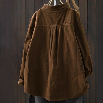 Buddha Stones Fall Solid Button Down Decorative Pocket Stand Collar Long Sleeve Women's Cotton Shirt - image 2
