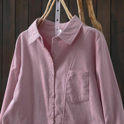 Buddha Stones Fall Solid Button Down Decorative Pocket Stand Collar Long Sleeve Women's Cotton Shirt - image 21