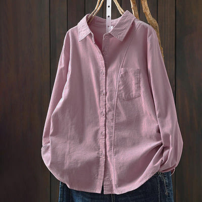 Buddha Stones Fall Solid Button Down Decorative Pocket Stand Collar Long Sleeve Women's Cotton Shirt - image 20
