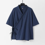 Foviel Plain Lace-up Cotton Linen Men's Three Quarter Sleeve Kimono