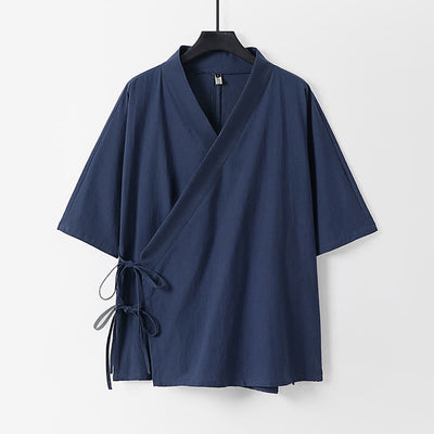 Buddha Stones Plain Lace-up Cotton Linen Men's Three Quarter Sleeve Kimono - SteelBlue - US/UK/AU54，EU64 (9XL) - image 10
