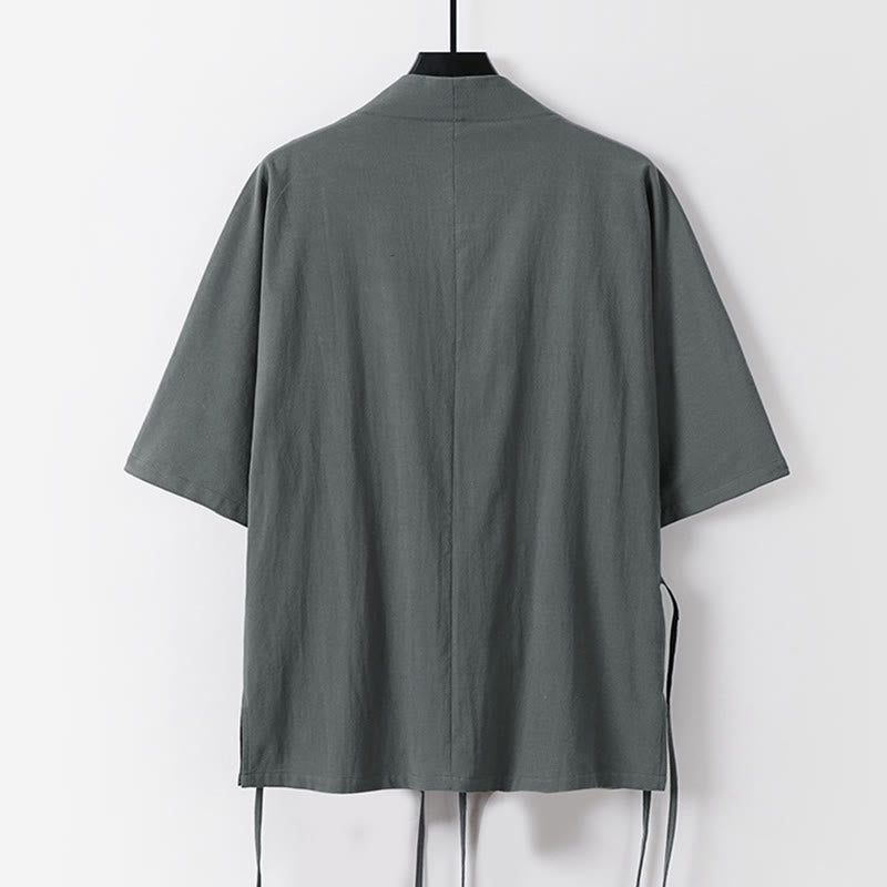 Buddha Stones Plain Lace-up Cotton Linen Men's Three Quarter Sleeve Kimono - image 1