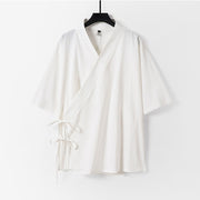 Foviel Plain Lace-up Cotton Linen Men's Three Quarter Sleeve Kimono