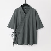 Foviel Plain Lace-up Cotton Linen Men's Three Quarter Sleeve Kimono