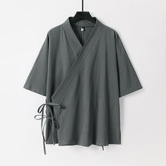 Buddha Stones Plain Lace-up Cotton Linen Men's Three Quarter Sleeve Kimono - Gray - US/UK/AU54，EU64 (9XL) - image 0