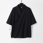 Foviel Plain Lace-up Cotton Linen Men's Three Quarter Sleeve Kimono