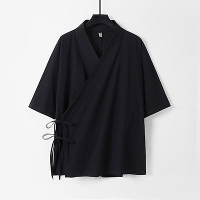 Buddha Stones Plain Lace-up Cotton Linen Men's Three Quarter Sleeve Kimono - Black - US/UK/AU54，EU64 (9XL) - image 9