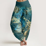Foviel reine Baumwolle lebend Koi Fischmuster Damen elastische Taille Harem Hose