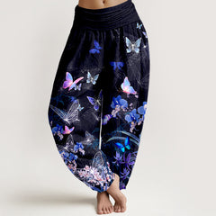Buddha Stones Pure Cotton Dreamlike Butterfly Flower Grass Bamboo Pattern Women's Elastic Waist Harem Pants - Black - US16，UK/AU20，EU48 (3XL) - image 0