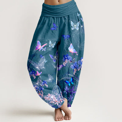 Buddha Stones Pure Cotton Dreamlike Butterfly Flower Grass Bamboo Pattern Women's Elastic Waist Harem Pants - Teal - US16，UK/AU20，EU48 (3XL) - image 5
