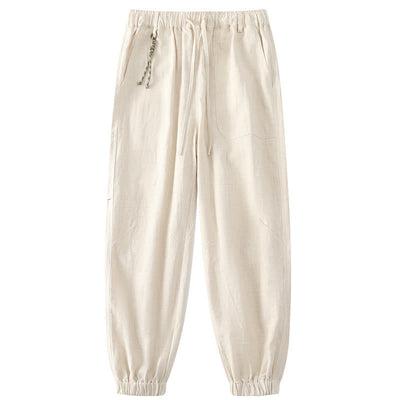 Buddha Stones Summer Ramie Linen Cotton Ankle-Length Elastic Cuffs Tapered Men's Pants With Pockets - Beige - US/UK/AU46，EU56 (5XL) - image 0