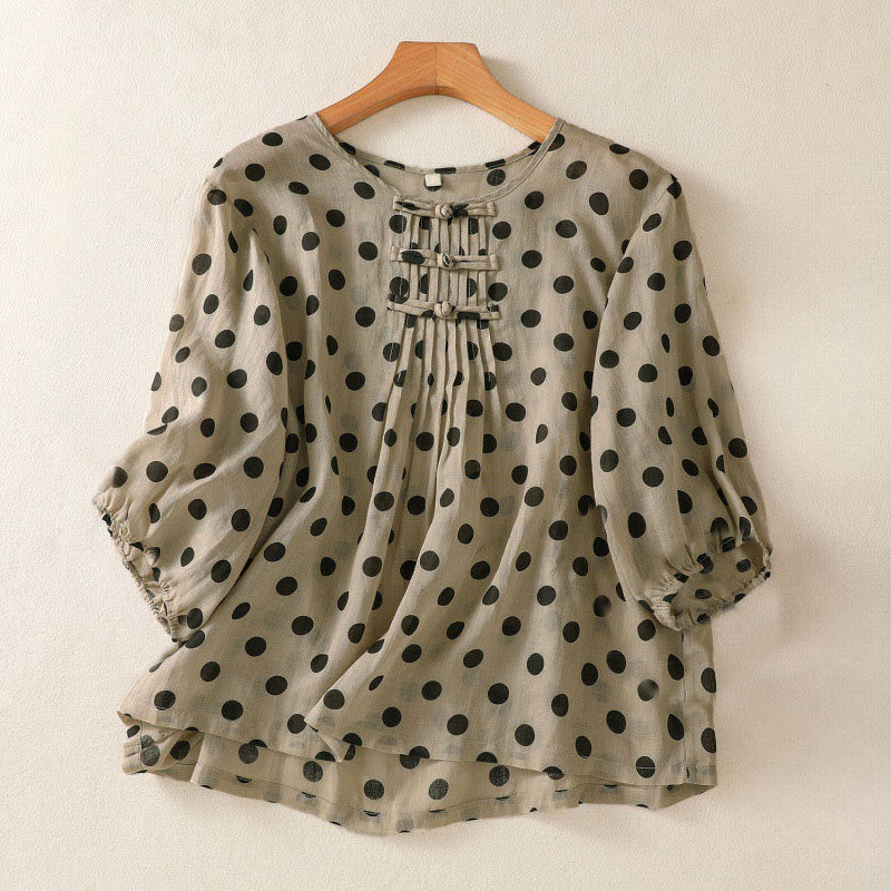 Buddha Stones Fall Round Neck Polka Dots Long Sleeve Women's Polyester Shirt  - Tan - US12，UK/AU16，EU44 (2XL) - image 15