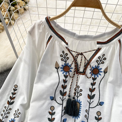 Buddha Stones Casual Embroidery Flower Leaf Pattern Women's Cotton Linen Round Neck T-shirt  - image 14