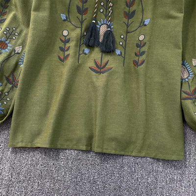 Buddha Stones Casual Embroidery Flower Leaf Pattern Women's Cotton Linen Round Neck T-shirt  - image 7