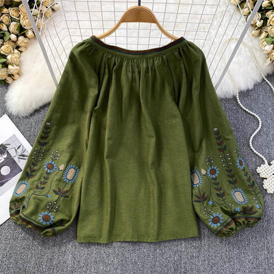 Buddha Stones Casual Embroidery Flower Leaf Pattern Women's Cotton Linen Round Neck T-shirt  - image 1