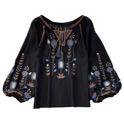 Buddha Stones Casual Embroidery Flower Leaf Pattern Women's Cotton Linen Round Neck T-shirt  - image 16