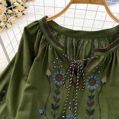 Buddha Stones Casual Embroidery Flower Leaf Pattern Women's Cotton Linen Round Neck T-shirt  - image 4