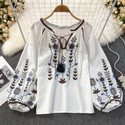 Foviel Casual Embroidery Flower Leaf Pattern Women's Cotton Linen Round Neck T-shirt