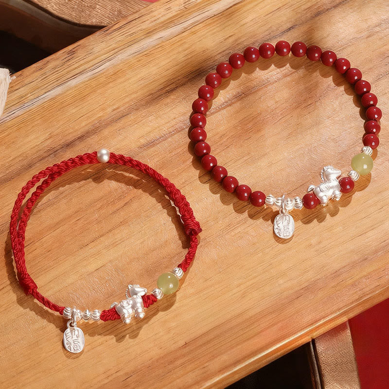 Foviel Year Of The Horse Cinnabar Hetian Jade 999 Sterling Silver Red String Concentration Bracelet