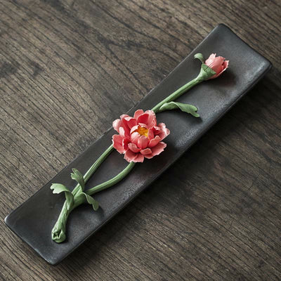 Buddha Stones Lotus Peony Rose Flower Ceramic Spiritual Incense Burner Incense Burner BS Red Peony