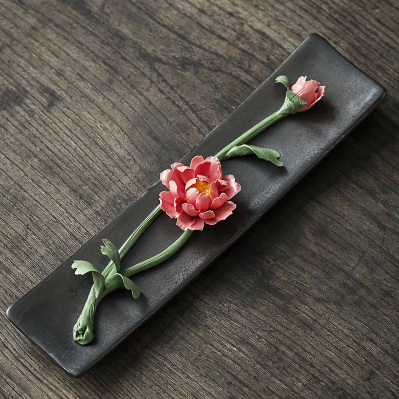 Buddha Stones Lotus Peony Rose Flower Ceramic Spiritual Incense Burner Incense Burner BS Red Peony