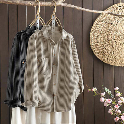 Buddha Stones Fall Stripe Stand Collar Buttons Women's Long Sleeve Shirt With Pocket - image 0