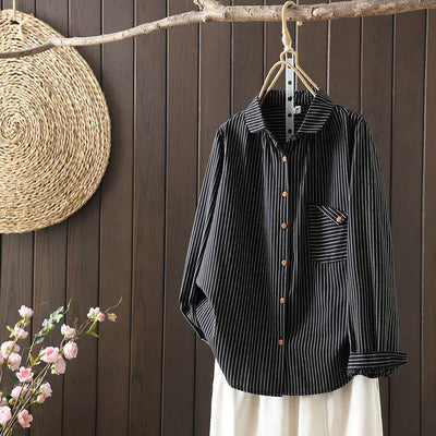 Buddha Stones Fall Stripe Stand Collar Buttons Women's Long Sleeve Shirt With Pocket - image 14