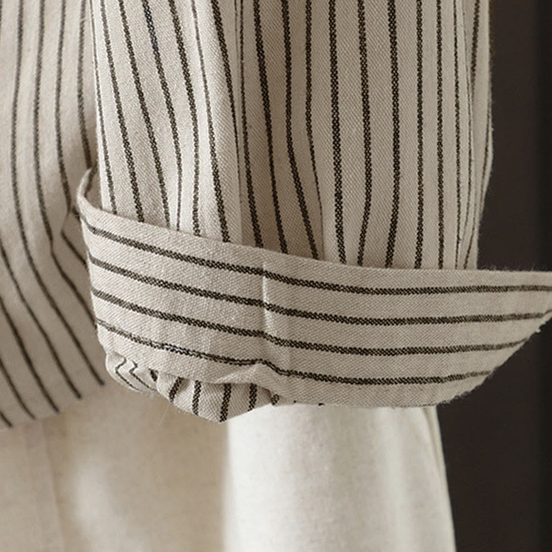 Buddha Stones Fall Stripe Stand Collar Buttons Women's Long Sleeve Shirt With Pocket - image 9