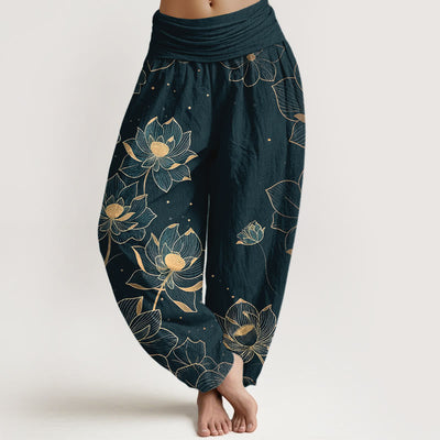 Buddha Stones Pure Cotton Delicate Lotus Pattern Women's Elastic Waist Harem Pants - DarkGreen - US16，UK/AU20，EU48 (3XL) - image 0