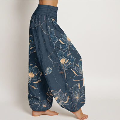 Buddha Stones Pure Cotton Delicate Lotus Pattern Women's Elastic Waist Harem Pants - image 10