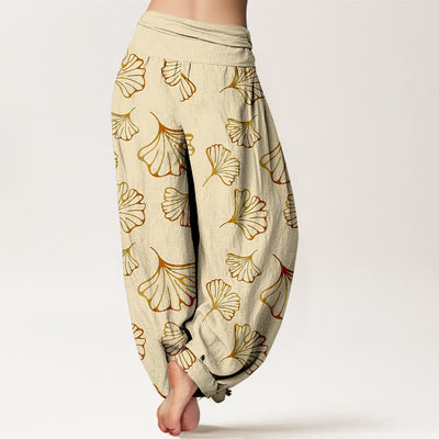 Buddha Stones Pure Cotton Minimalist Style Ginkgo Leaves Pattern Women's Elastic Waist Harem Pants - image 6