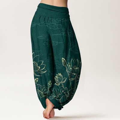 Buddha Stones Pure Cotton Concise Lotus Flower Leaf Pod Bud Cloud Patterns. Pattern Women's Elastic Waist Harem Pants - image 1