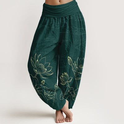 Buddha Stones Pure Cotton Concise Lotus Flower Leaf Pod Bud Cloud Patterns. Pattern Women's Elastic Waist Harem Pants - DarkGreen - US16，UK/AU20，EU48 (3XL) - image 0