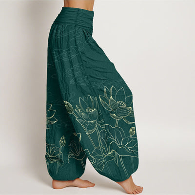 Buddha Stones Pure Cotton Concise Lotus Flower Leaf Pod Bud Cloud Patterns. Pattern Women's Elastic Waist Harem Pants - image 2