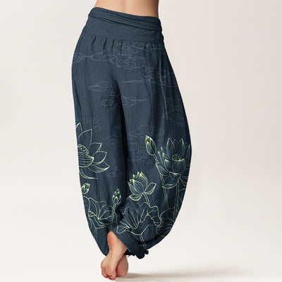 Buddha Stones Pure Cotton Concise Lotus Flower Leaf Pod Bud Cloud Patterns. Pattern Women's Elastic Waist Harem Pants - image 6
