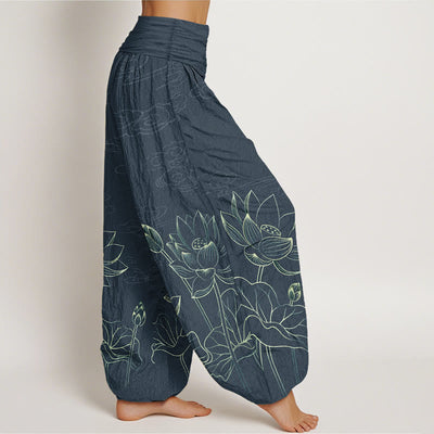 Buddha Stones Pure Cotton Concise Lotus Flower Leaf Pod Bud Cloud Patterns. Pattern Women's Elastic Waist Harem Pants - image 7